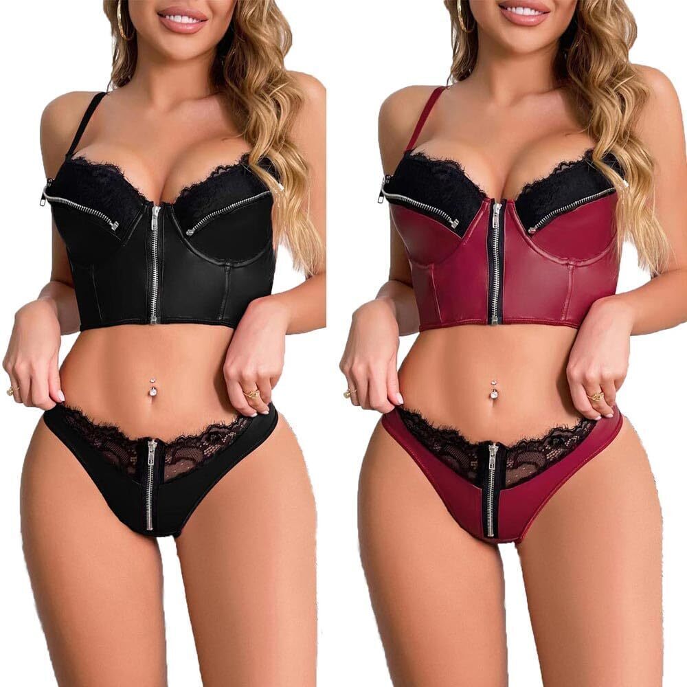 1939 Lingerie Sets Leather Sexy Bra and Panty Sets with Front Zipper